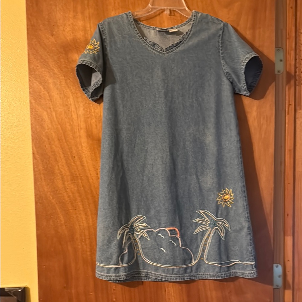 Bleu Bayou casual wear Denim Kids Dress with Embroidered Palm Trees (mlb)